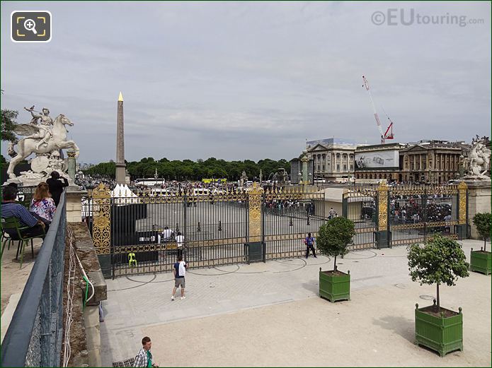 View NW from Terrasse de l'Orangerie to Jardin des Tuileries gilded entrance gates