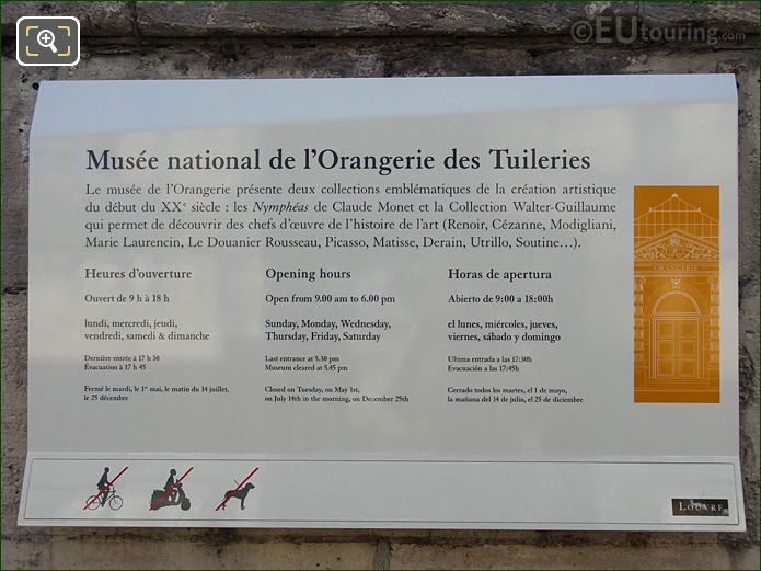 Musee de l'Orangerie tourist info, Jardin des Tuileries, Paris
