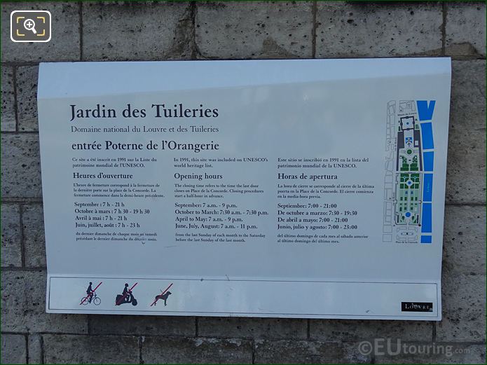 Tourist info board on West wall of Jardin des Tuileries