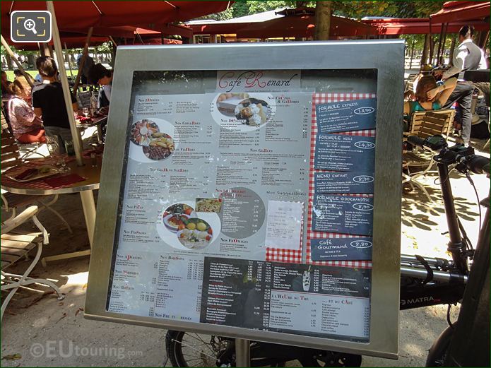 Cafe Renard menu board in Jardin des Tuileries