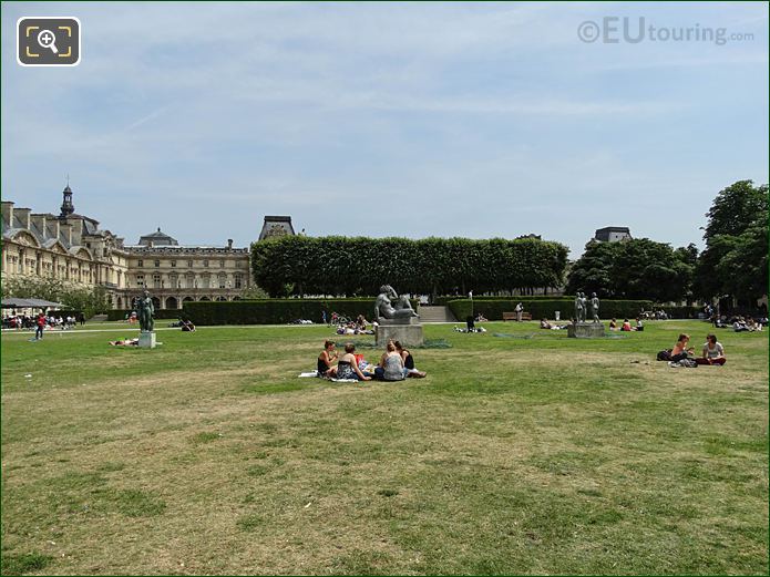 Jardin du Carrousel part of Tuileries Gardens with people relaxing