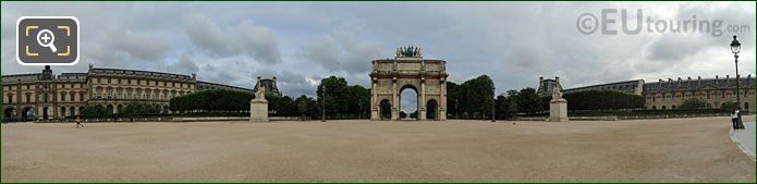 Panoramic of Jardin du Carrousel and monument at Tuileries Gardens