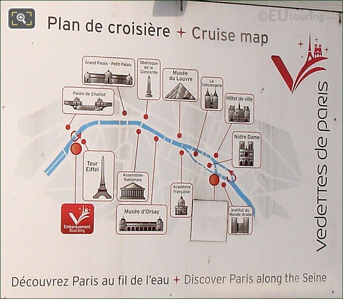 Map of Vedettes de Paris tour route with landmarks