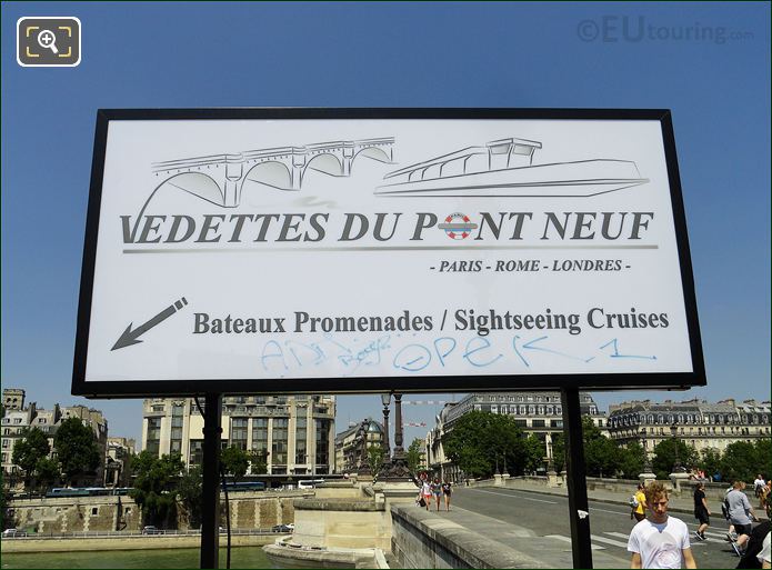 Vedettes du Pont Neuf sign showing Paris, Rome, London
