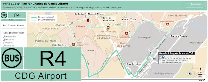 Paris Bus R4 map Airport CDG 1 to Gare de Louvres