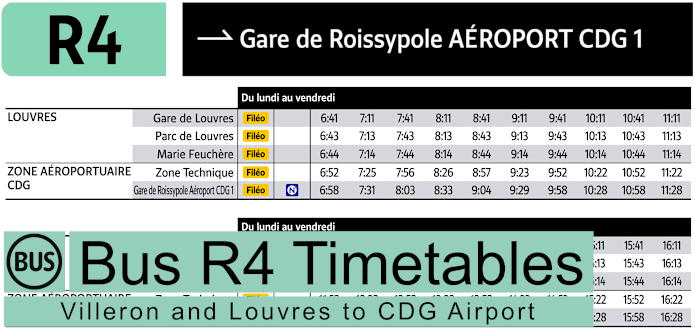 R4 Bus timetables for Villeron and Gare de Louvres to CDG1 with map