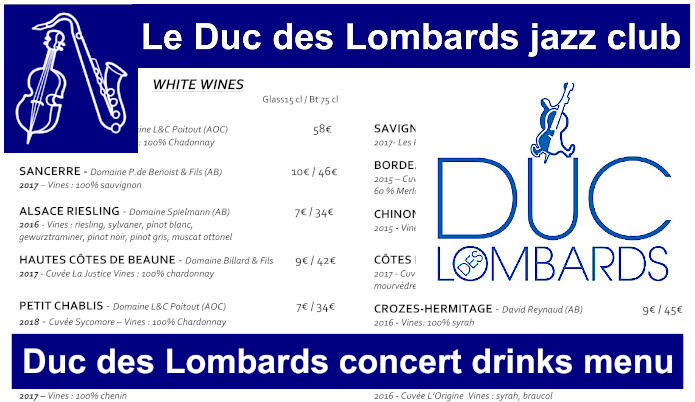 Le Duc des Lombards concert drinks menu