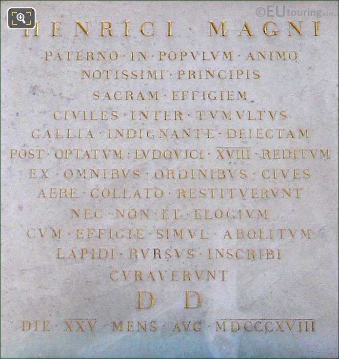 1818 front inscription on King Henri IV statue
