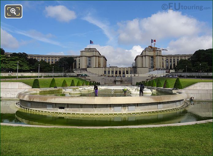 Jardins du Trocadero central water basin being cleaned