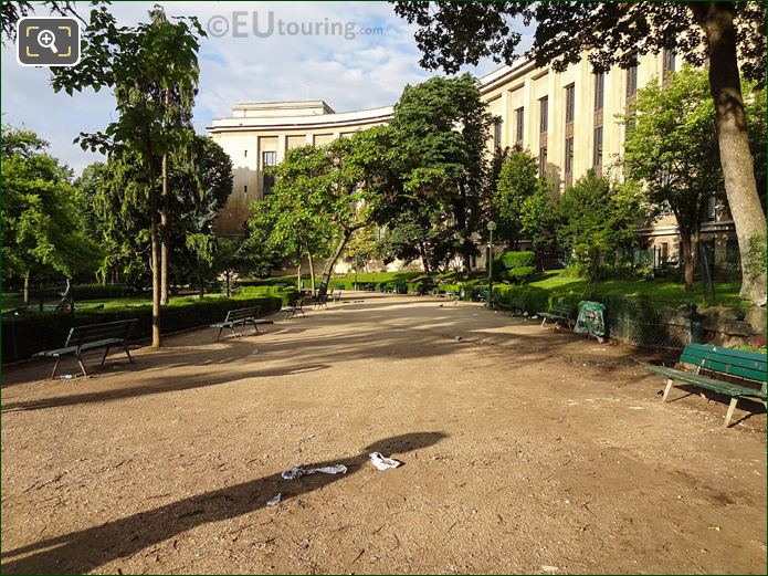 Pathway with park benches in Jardins du Trocadero looking SW