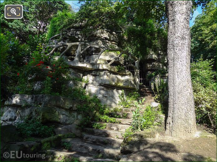 Stone steps and rock face in Jardins du Trocadero plus narrow walkway