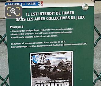 Mayor of Paris smoking regulations sign at childrens playground