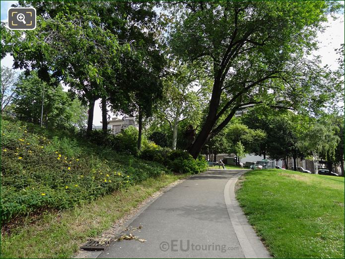 Flower beds, pathway and shrubs in Jardins du Trocadero looking NE