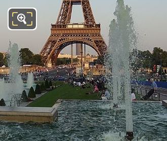 Fontaine du Trocadero water jets and Eiffel Tower behind