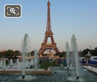 Jardins du Trocadero water fountains at dusk