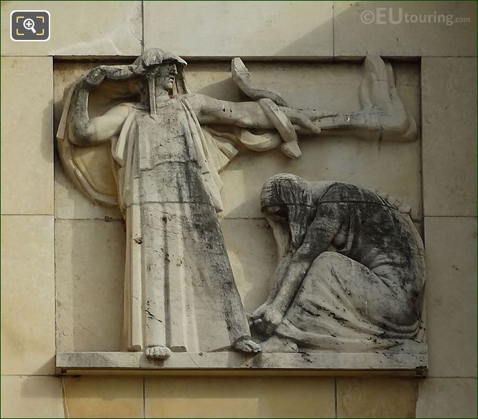 Bas relief sculpture on facade below esplanade in Jardins du Trocadero