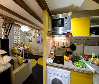 Les Patios du Marais apartment kitchen and lounge