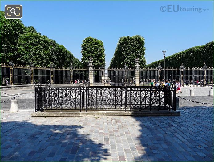 Jardin du Luxembourg central gates on Rue Auguste Comte and tree lined garden