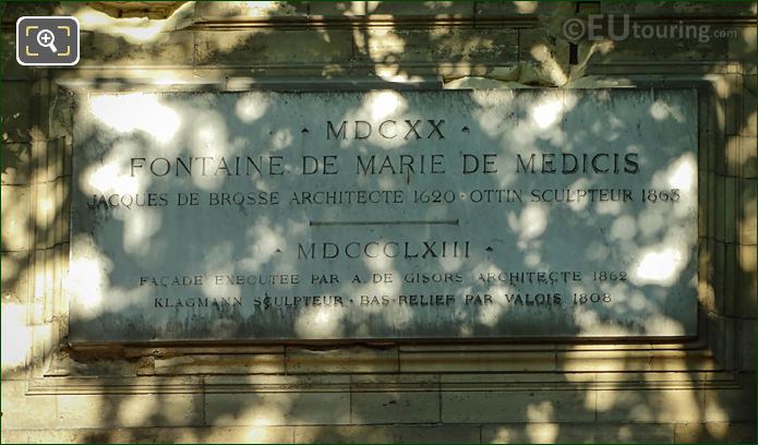 Info plaque on Fontaine de Leda detailing architect A de Gisors