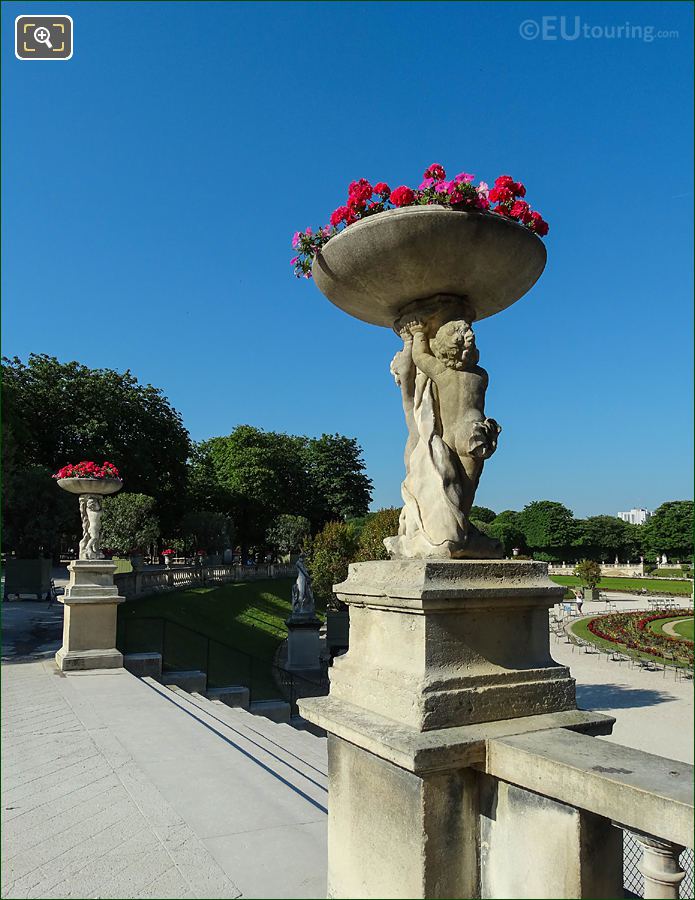 Jardin du Luxembourg central staircase East terrace, stone vases with Cherubs