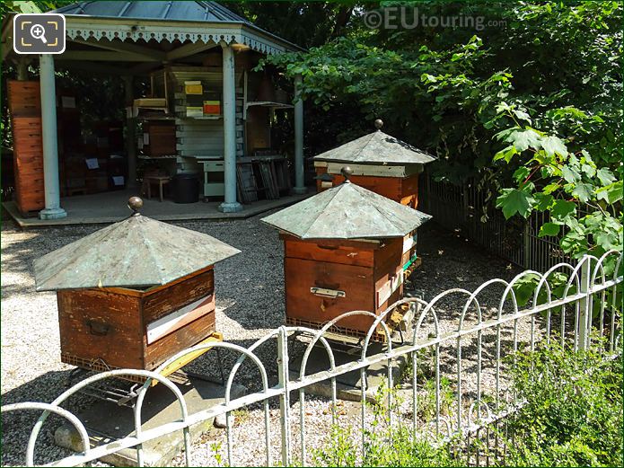 Bee kiosk with wooden supers at Luxembourg Gardens Apiary