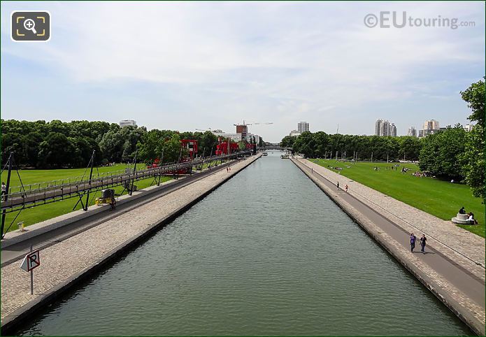 Aerial view of Canal de l'Ourcq in Parc de la Villette