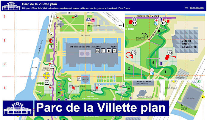 Grid plan of Parc de la Villette attractions