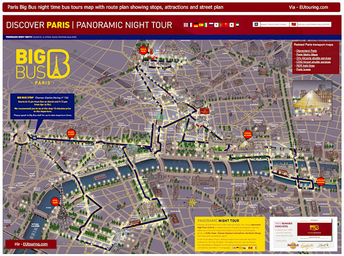 Big Bus Paris night time tour map with stops and timetables