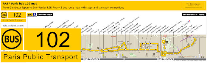 Paris bus 102 map with stops and connections