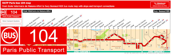 Paris bus 104 map with stops and connections