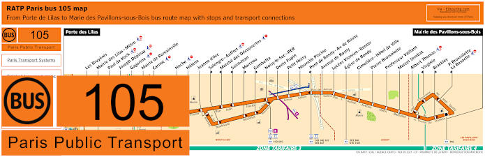 Paris bus 105 map with stops and connections