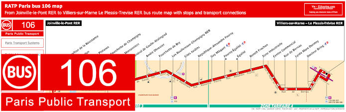 Paris bus 106 map with stops and connections