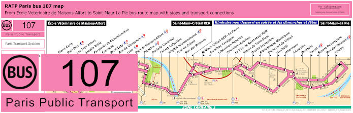 Paris bus 107 map with stops and connections