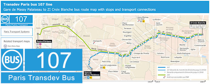 Transdev Paris bus 107 map with stops and connections