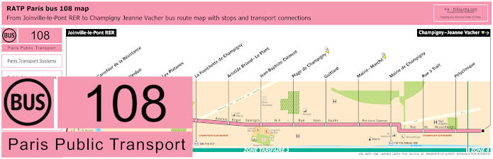 Paris bus 108 map with stops and connections