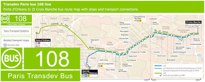 Transdev Paris bus 108 map with stops and connections