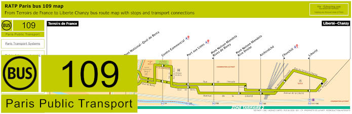 Paris bus 109 map with stops and connections