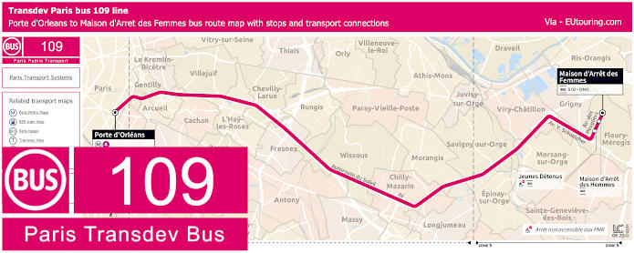 Transdev Paris bus 109 map with stops and connections