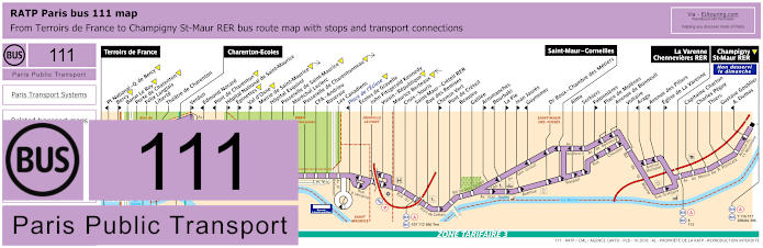 Paris bus 111 map with stops and connections