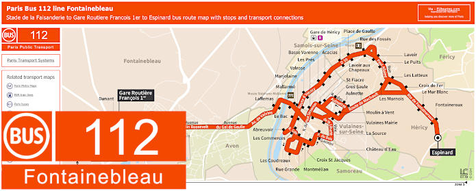 Paris Fontainebleau bus 12 map with stops and connections