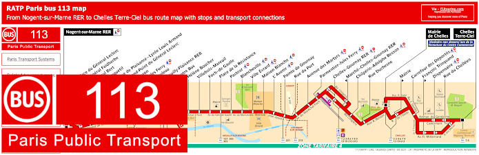 Paris bus 113 map with stops and connections