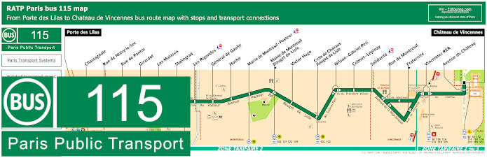 Paris bus 115 map with stops and connections