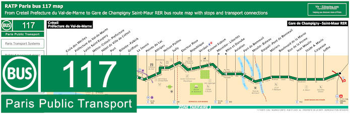 Paris bus 117 map with stops and connections