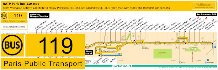 Paris bus 119 map with stops and connections