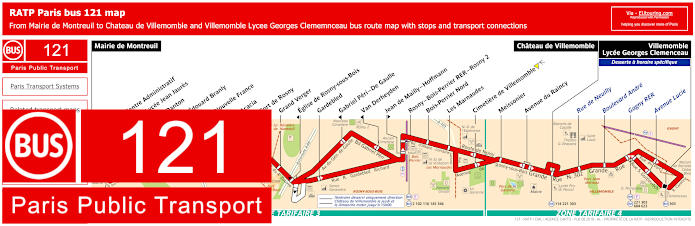 Paris bus 121 map with stops and connections