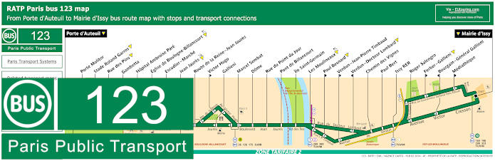 Paris bus 123 map with stops and connections