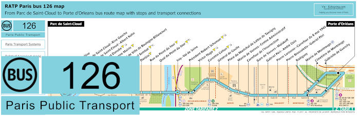 Paris bus 126 map with stops and connections