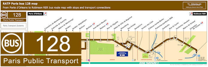 Paris bus 128 map with stops and connections