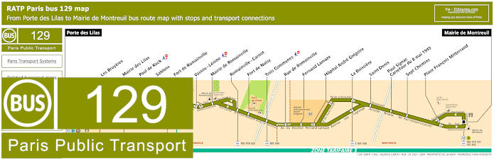 Paris bus 129 map with stops and connections