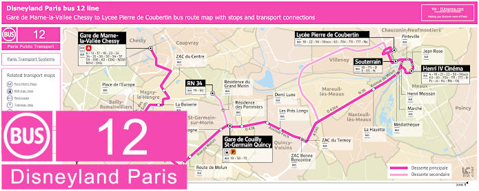 Disneyland Paris bus 12 map with stops and connections